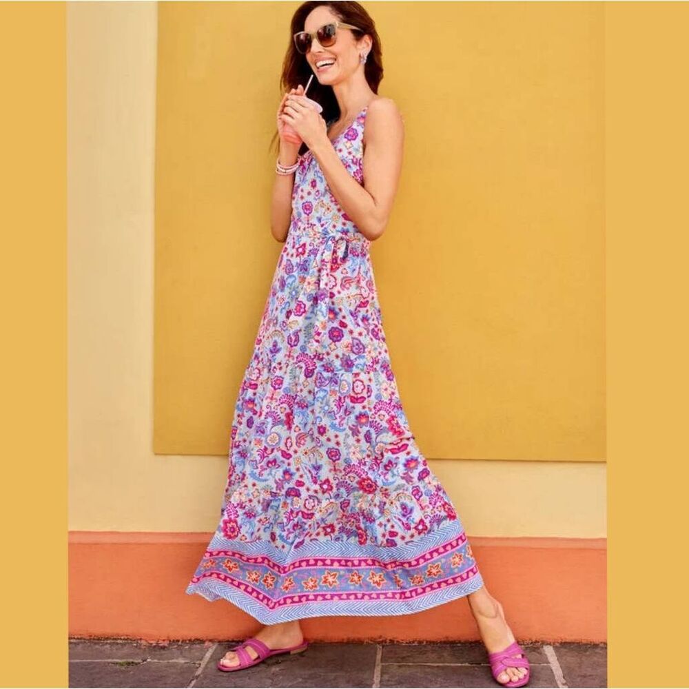 Talbots Womens Voile Maxi Dress Paisley Size 10 Belted Sleeveless Floral Tiered